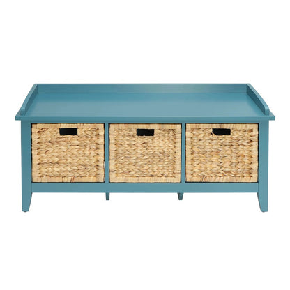 43" White Distressed Solid Wood Storage Bench with Baskets