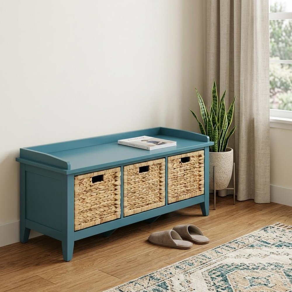 43" White Distressed Solid Wood Storage Bench with Baskets