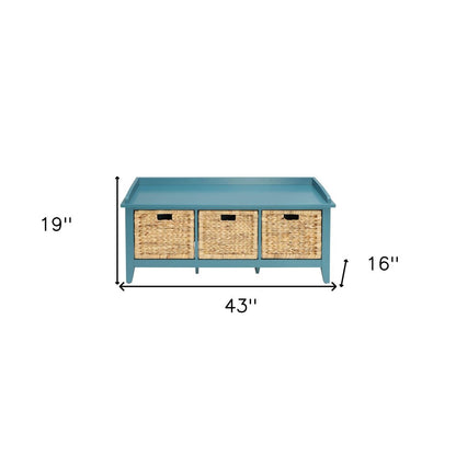43" White Distressed Solid Wood Storage Bench with Baskets