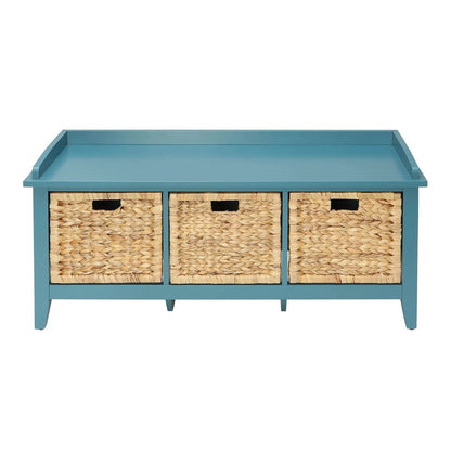 43" White Distressed Solid Wood Storage Bench with Baskets