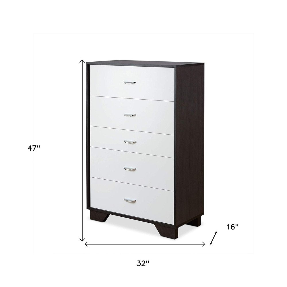 32" Brown And White Wood Five Drawer Dresser
