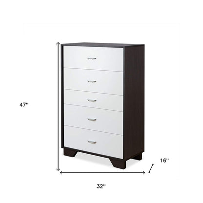 32" Brown And White Wood Five Drawer Dresser
