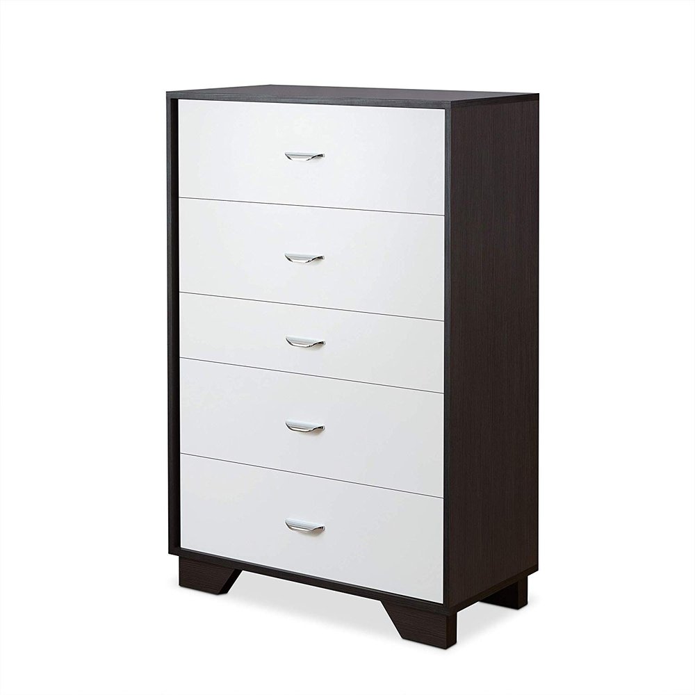 32" Brown And White Wood Five Drawer Dresser