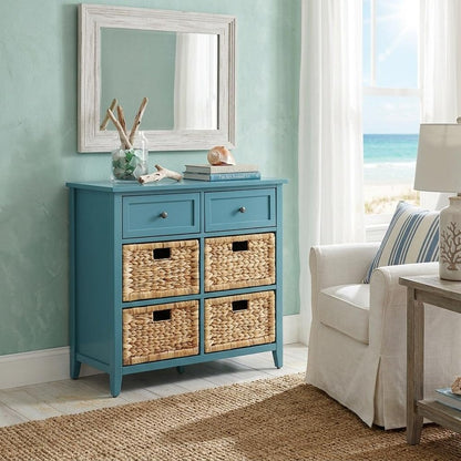 30" Teal Wood And Water Hyacinth Accent Cabinet With Six Drawers