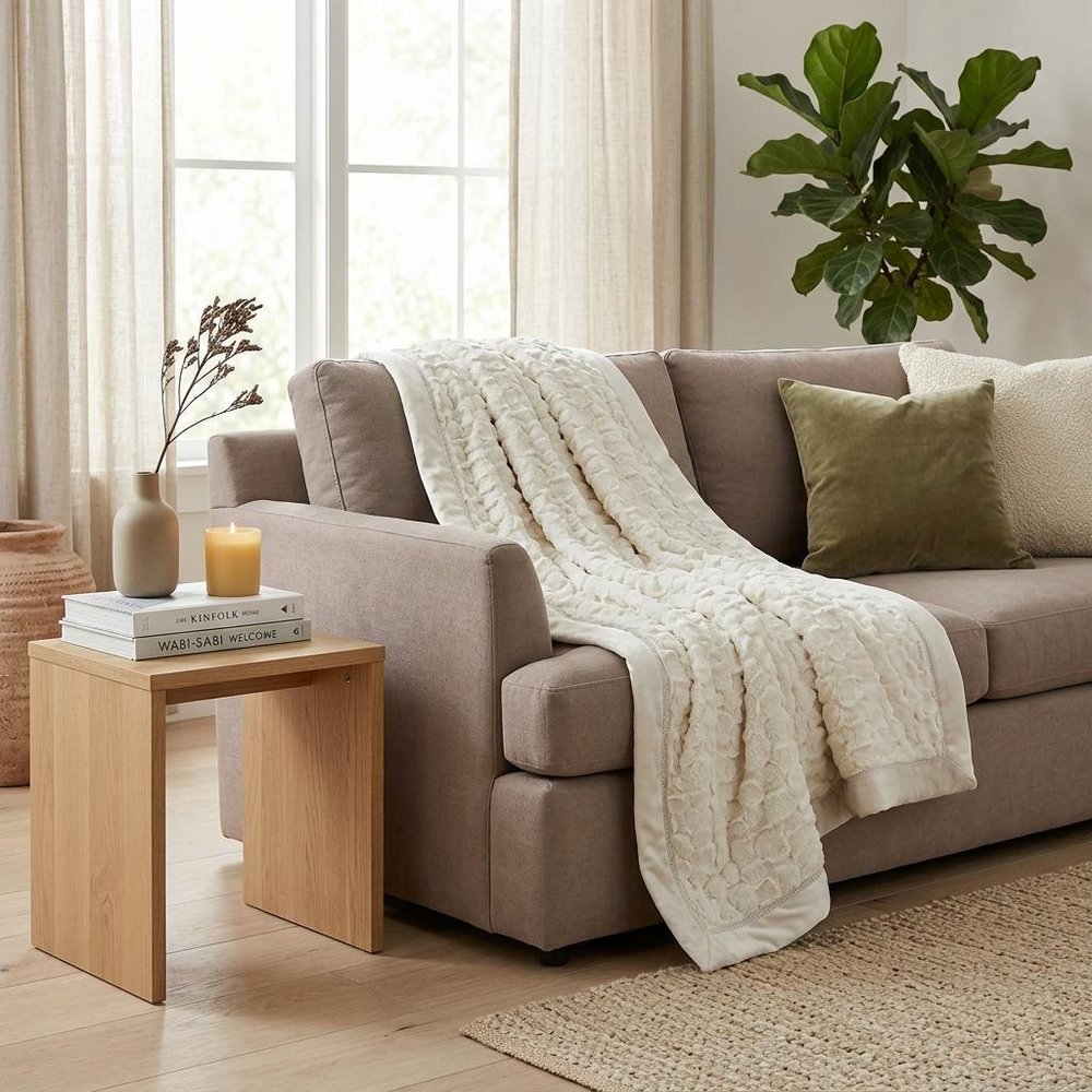 50" X 70" Ivory Faux Fur Plush Throw Blanket with Embroidery