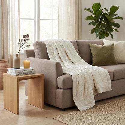 50" X 70" Ivory Faux Fur Plush Throw Blanket with Embroidery