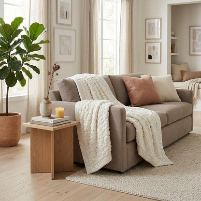 50" X 70" Ivory Faux Fur Plush Throw Blanket with Embroidery