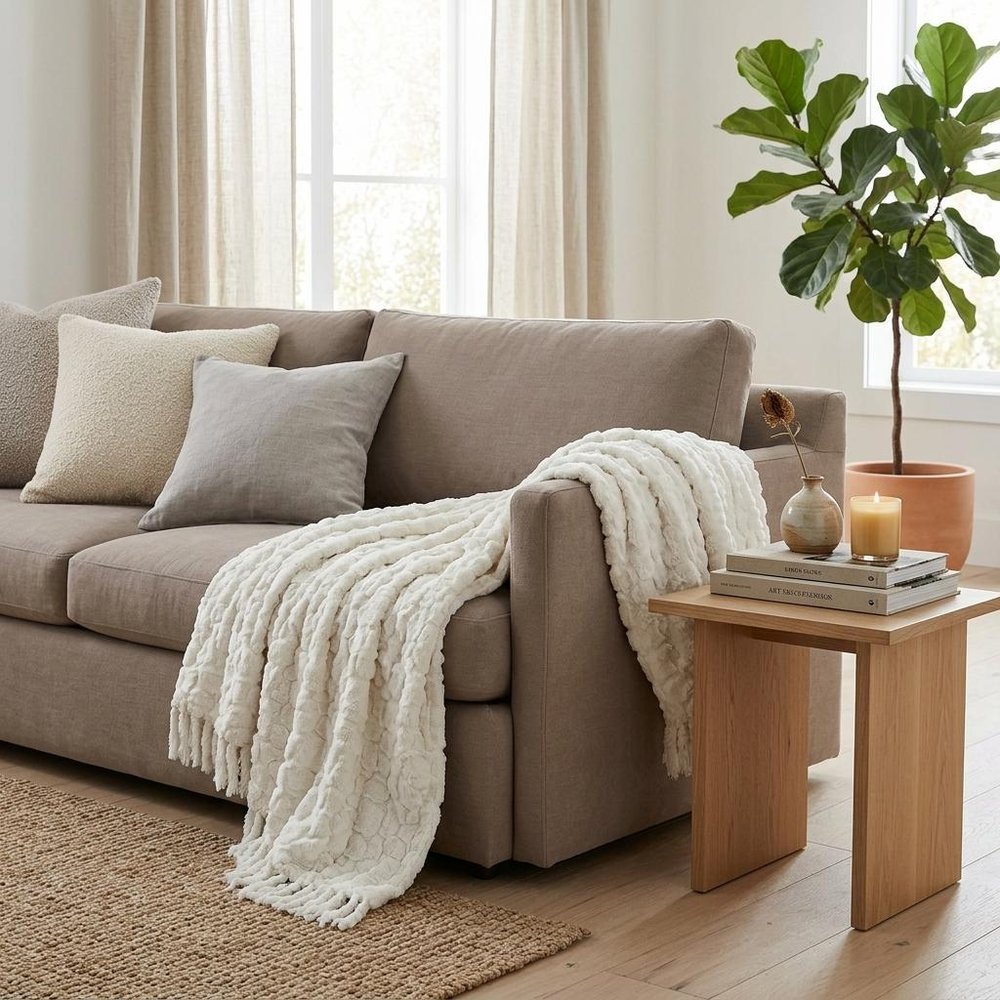 70" X 50" Ivory Faux Fur Plush Throw Blanket