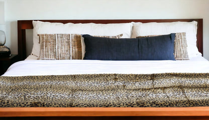 70" X 50" Black Brown And Ivory Leopard Faux Fur Plush Throw Blanket with Embroidery