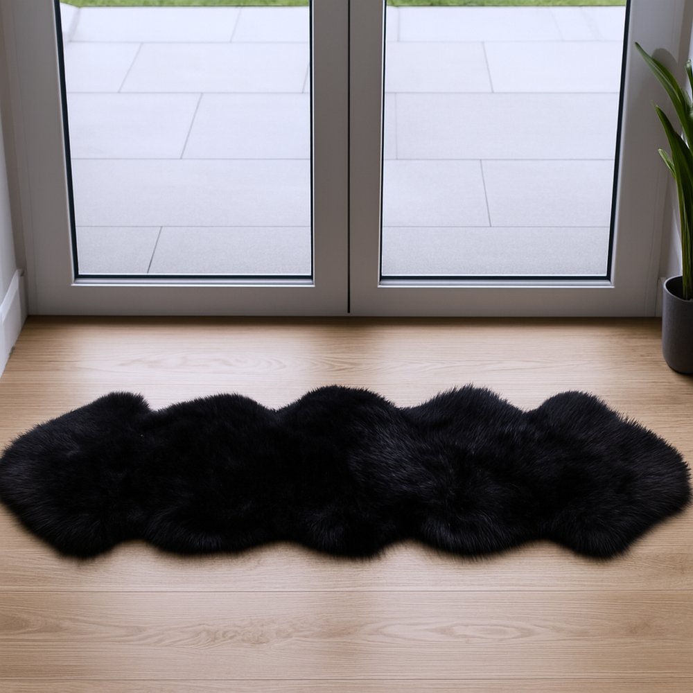 6' Black Genuine Sheepskin Animal Print Shag Area Rug