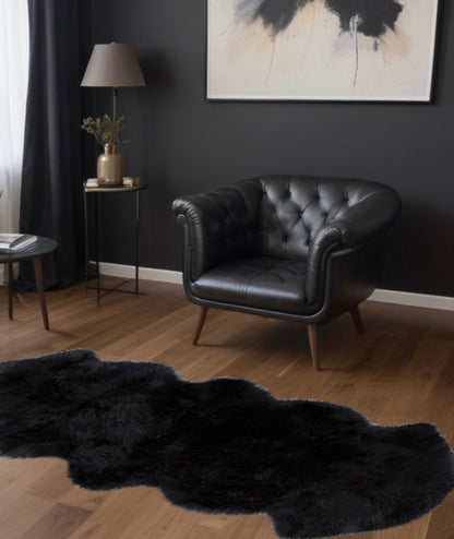 6' Black Genuine Sheepskin Animal Print Shag Area Rug