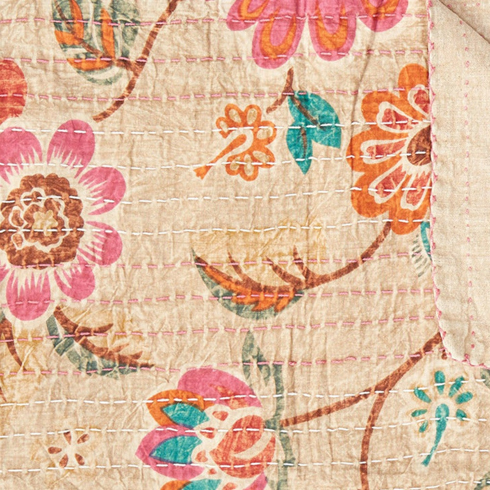 50" X 70" Beige Pink Orange and Green Cotton Kantha Floral Throw Throw Blanket with Embroidery