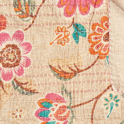 50" X 70" Beige Pink Orange and Green Cotton Kantha Floral Throw Throw Blanket with Embroidery