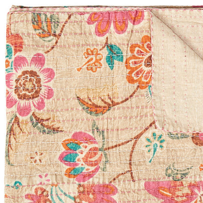 50" X 70" Beige Pink Orange and Green Cotton Kantha Floral Throw Throw Blanket with Embroidery