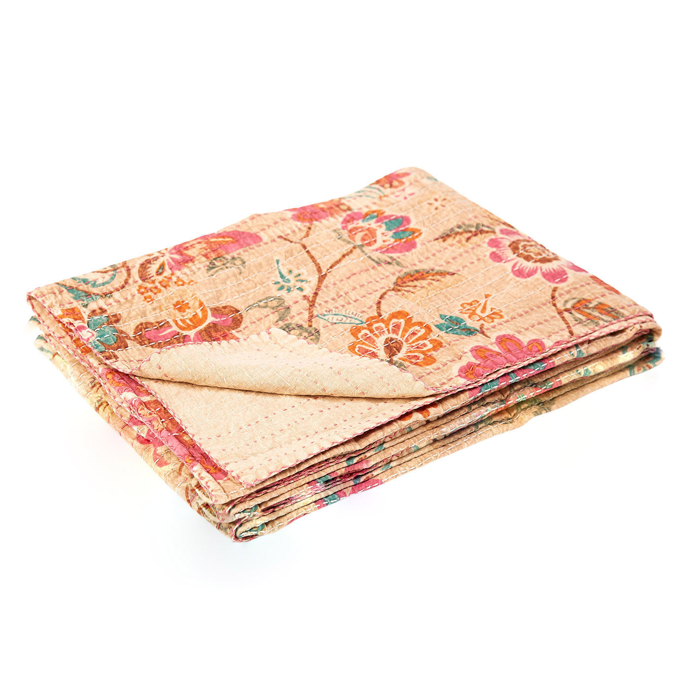 50" X 70" Beige Pink Orange and Green Cotton Kantha Floral Throw Throw Blanket with Embroidery