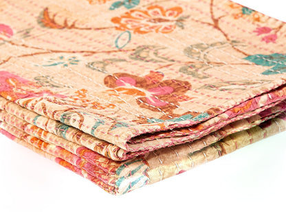 50" X 70" Beige Pink Orange and Green Cotton Kantha Floral Throw Throw Blanket with Embroidery