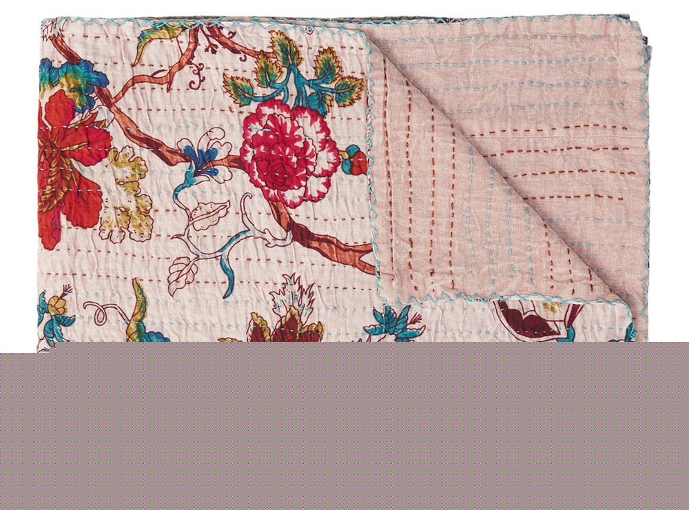 50" X 70" Blue and Brown Kantha Cotton Floral Throw Blanket with Embroidery