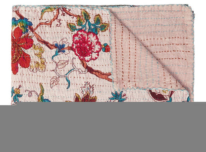 50" X 70" Blue and Brown Kantha Cotton Floral Throw Blanket with Embroidery