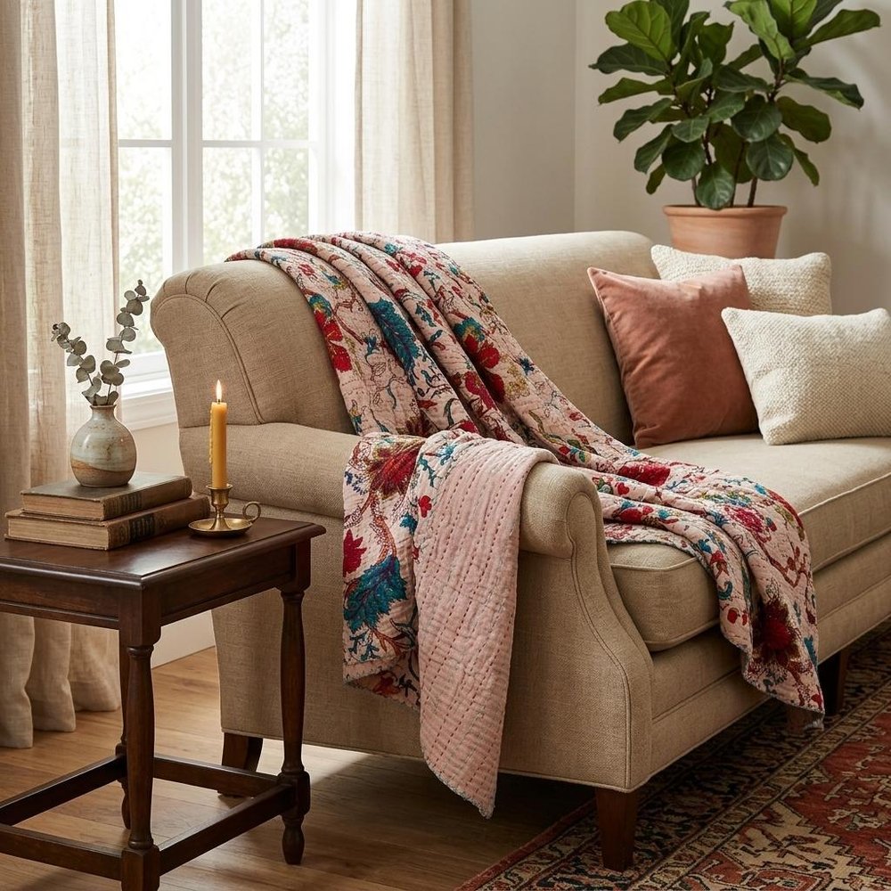 50" X 70" Blue and Brown Kantha Cotton Floral Throw Blanket with Embroidery