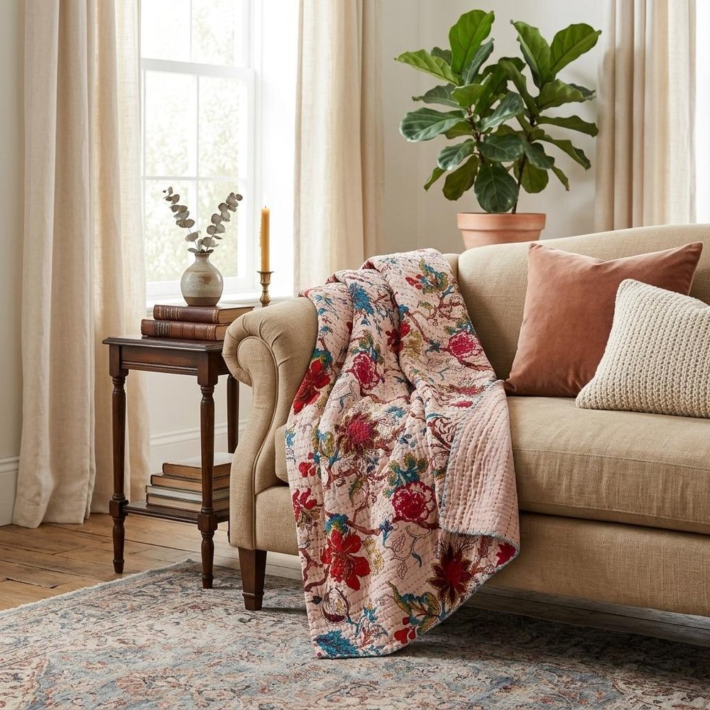 50" X 70" Blue and Brown Kantha Cotton Floral Throw Blanket with Embroidery