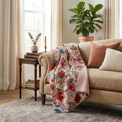 50" X 70" Blue and Brown Kantha Cotton Floral Throw Blanket with Embroidery