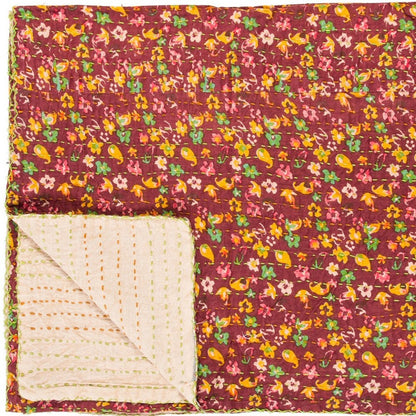 50" X 70" Green and Brown Kantha Cotton Floral Throw Blanket with Embroidery