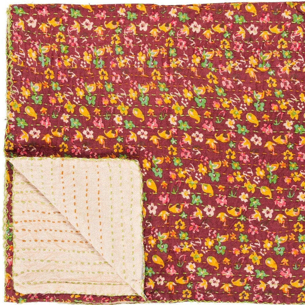 50" X 70" Orange Blue and Yellow Cotton Kantha Patchwork with Embroidery
