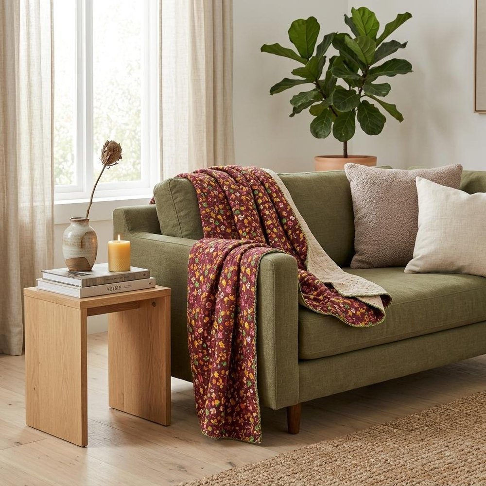 50" X 70" Maroon Yellow and Green Kantha Cotton Floral Throw Blanket with Embroidery