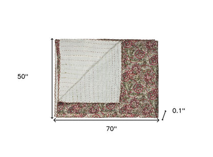 50" X 70" Pink Gray and Blue Kantha Cotton Floral Throw Blanket with Embroidery