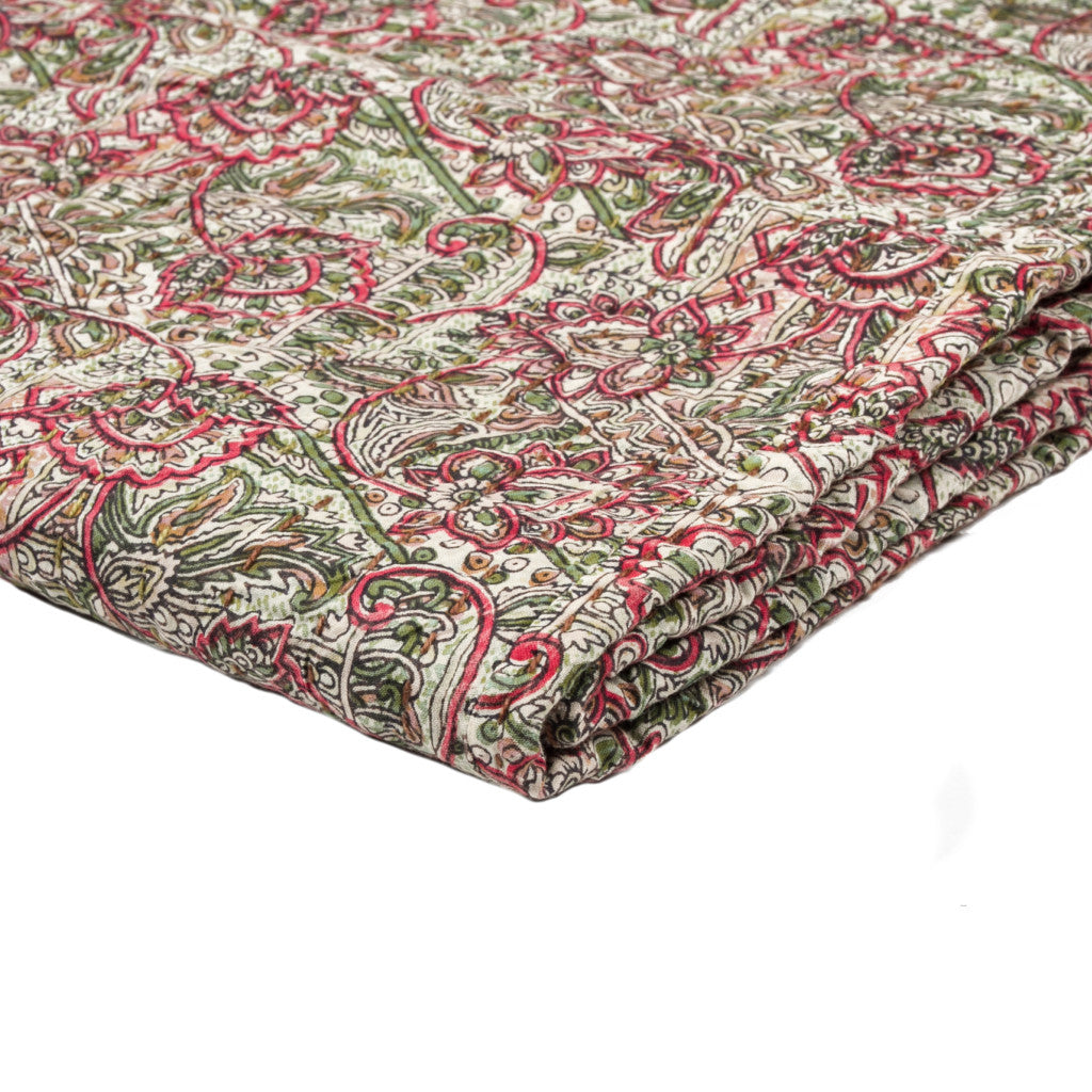 50" X 70" Green and Red Kantha Cotton Damask Throw Blanket with Embroidery