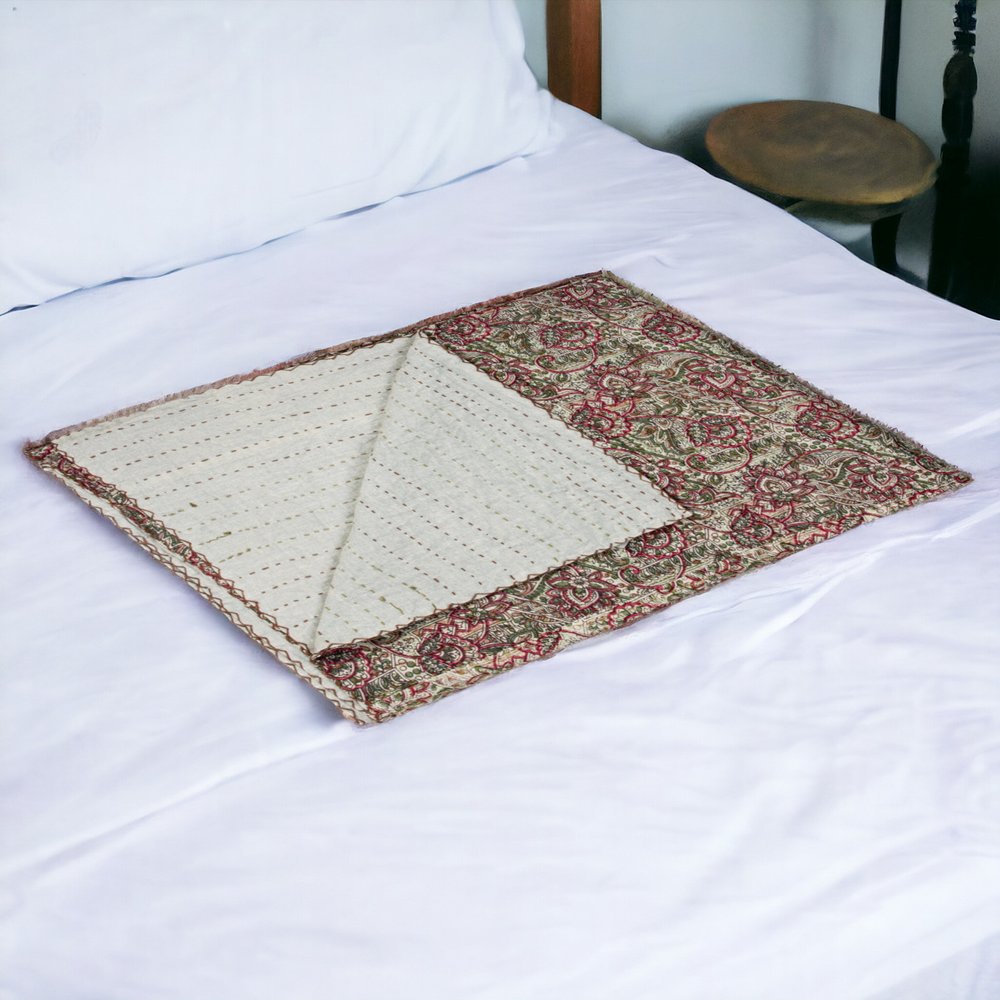50" X 70" Pink Gray and Blue Kantha Cotton Floral Throw Blanket with Embroidery