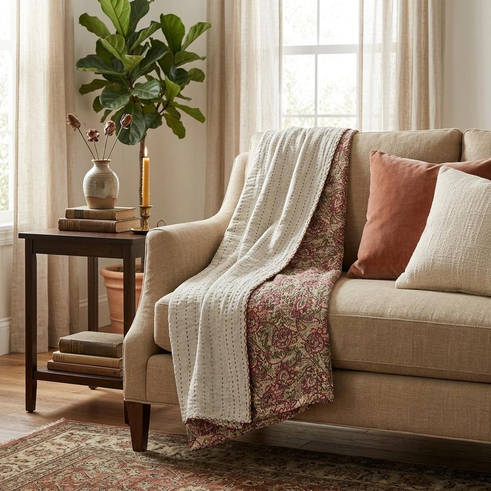 50" X 70" Pink Gray and Blue Kantha Cotton Floral Throw Blanket with Embroidery