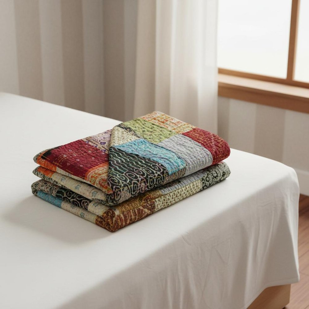 60" X 90" Blue Black and Brown Kantha Cotton Patchwork Throw Blanket with Embroidery