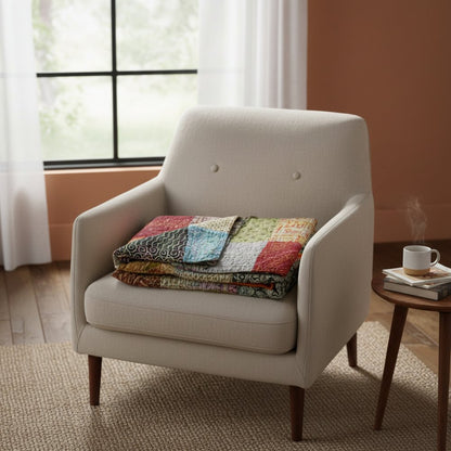 60" X 90" Blue Black and Brown Kantha Cotton Patchwork Throw Blanket with Embroidery