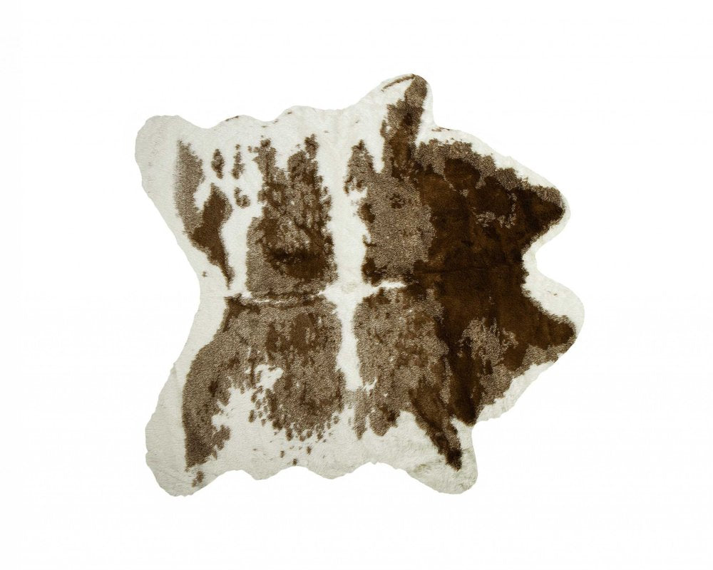 4' X 5' Brown And White Faux Fur Animal Print Washable Area Rug