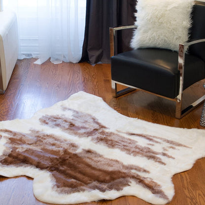 4' X 5' Brown And White Faux Fur Animal Print Washable Area Rug