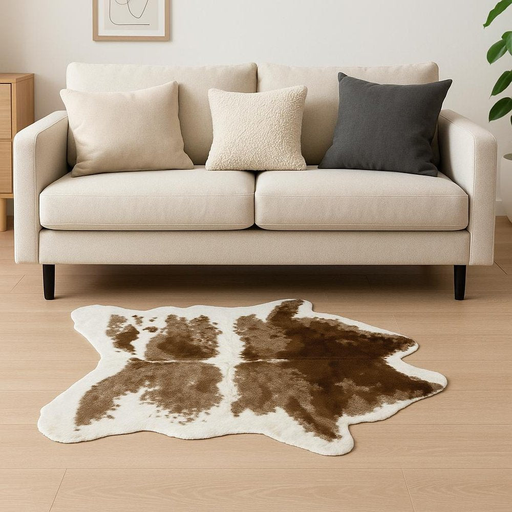 4' X 5' Brown And White Faux Fur Animal Print Washable Area Rug