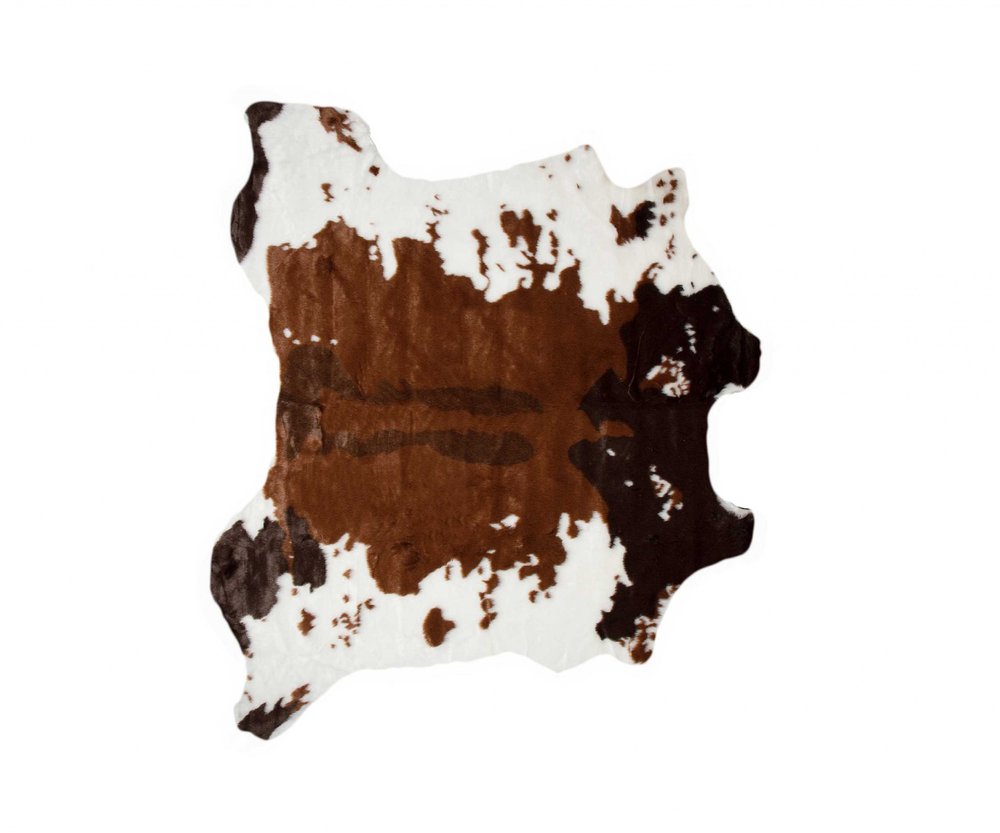 4' X 5' Brown And White Faux Fur Animal Print Washable Area Rug