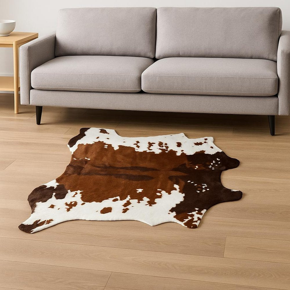 4' X 5' Brown And White Faux Fur Animal Print Washable Area Rug
