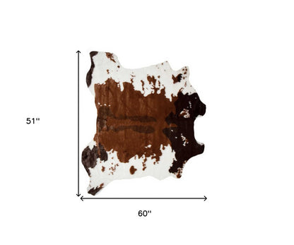 4' X 5' Brown And White Faux Fur Animal Print Washable Area Rug