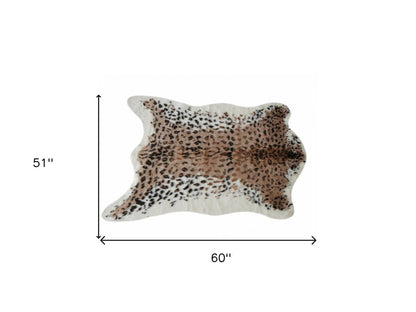 4' X 5' Ivory Black And Brown Faux Fur Animal Print Washable Area Rug