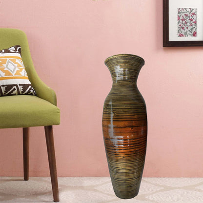 30" Gold and Brown Striped Urn Bamboo Floor Vase