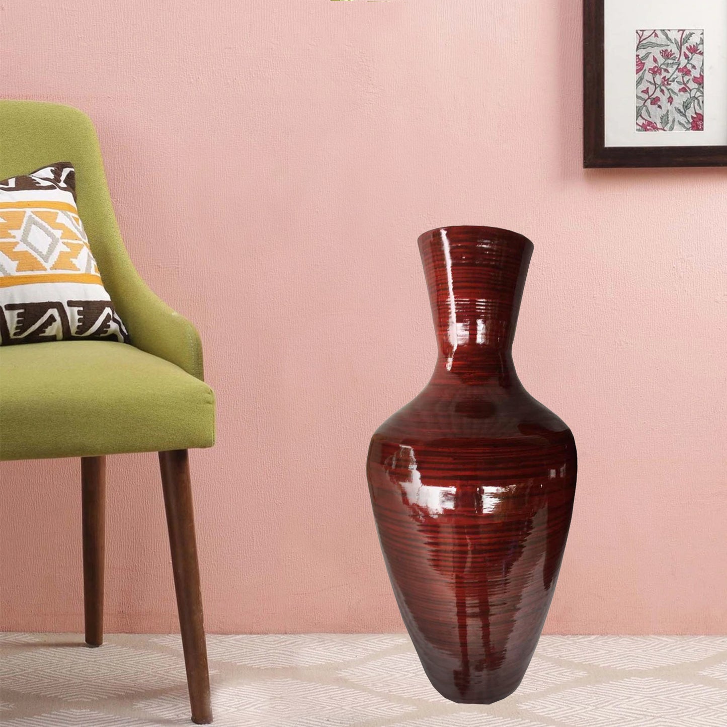 30" Red Lacquer Spun Bamboo Floor Vase