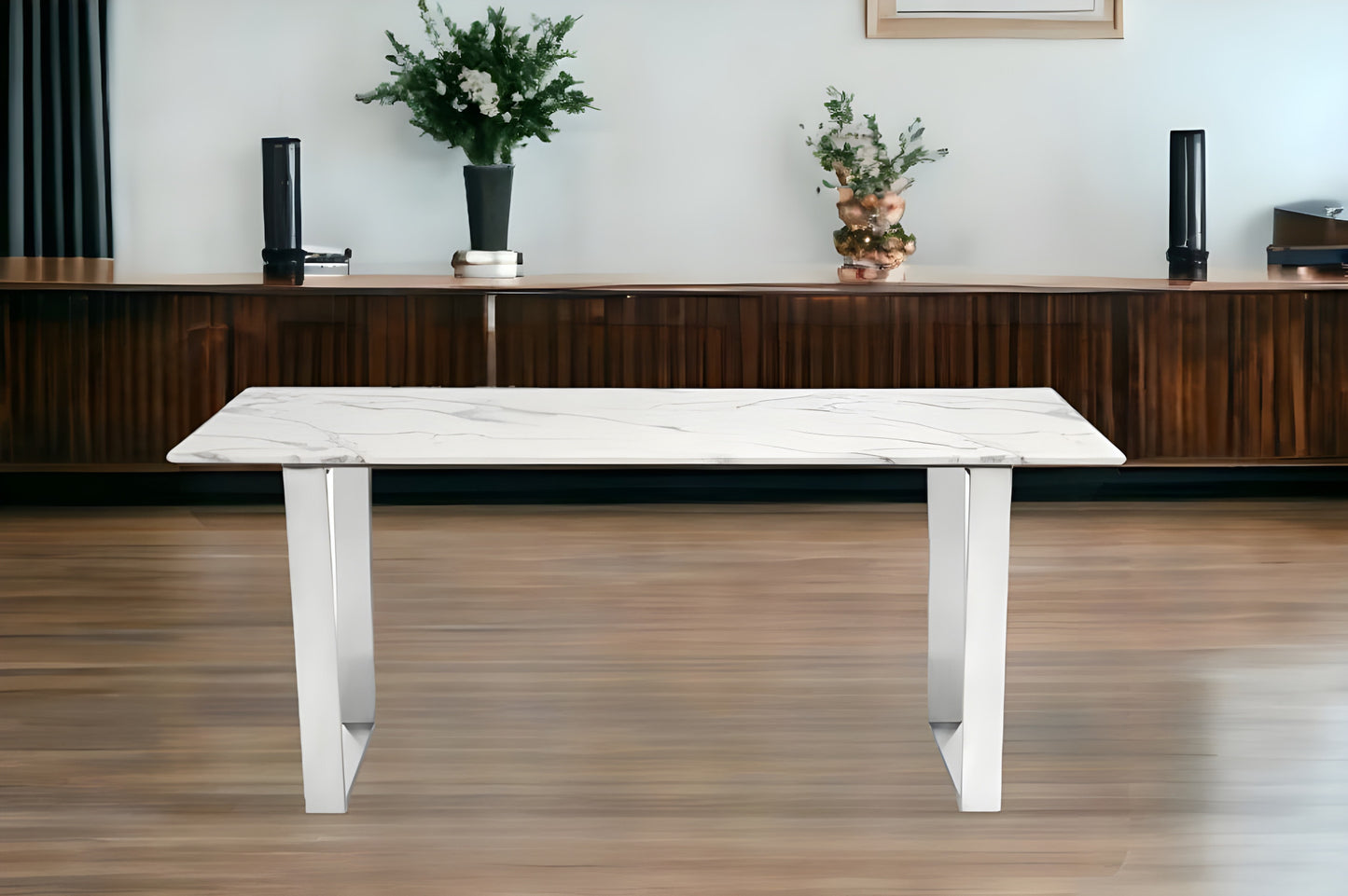 71" White And Silver Marble And Steel Sled Base Dining Table