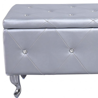 38" Silver Faux Leather Storage Bench With Flip Top