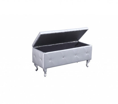 38" Silver Faux Leather Storage Bench With Flip Top