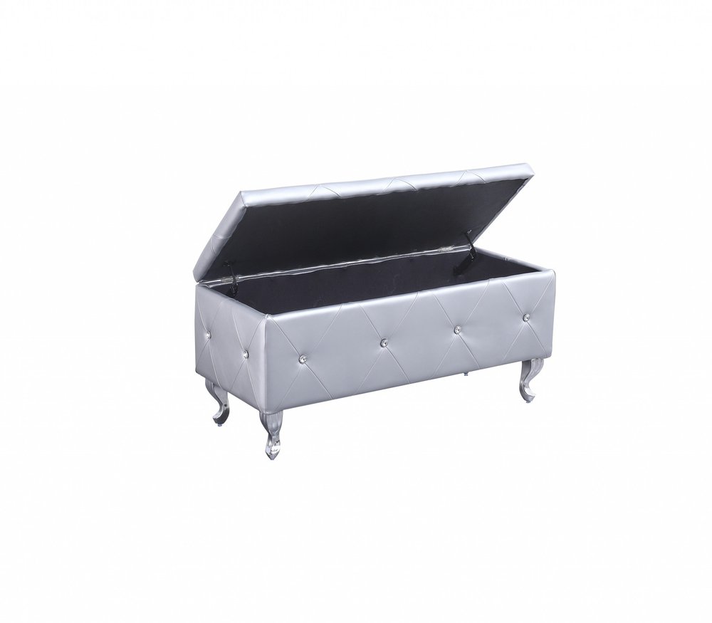 38" Silver Faux Leather Storage Bench With Flip Top