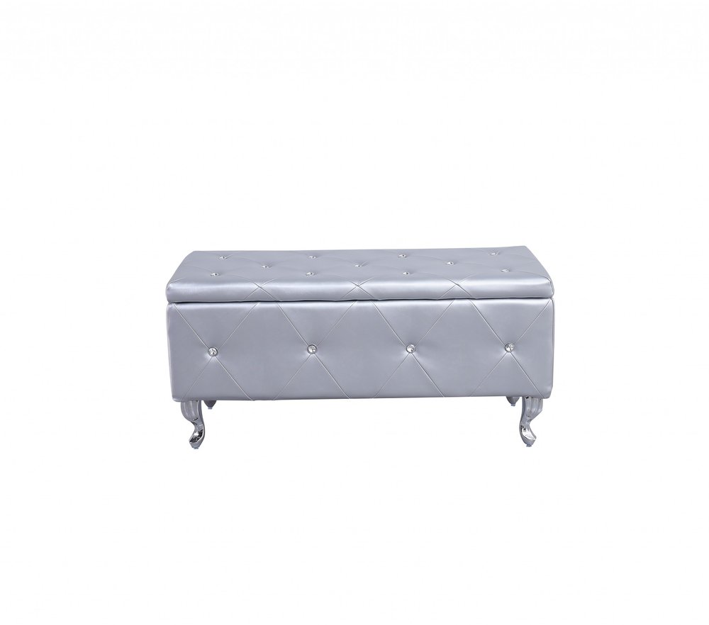 38" Silver Faux Leather Storage Bench With Flip Top