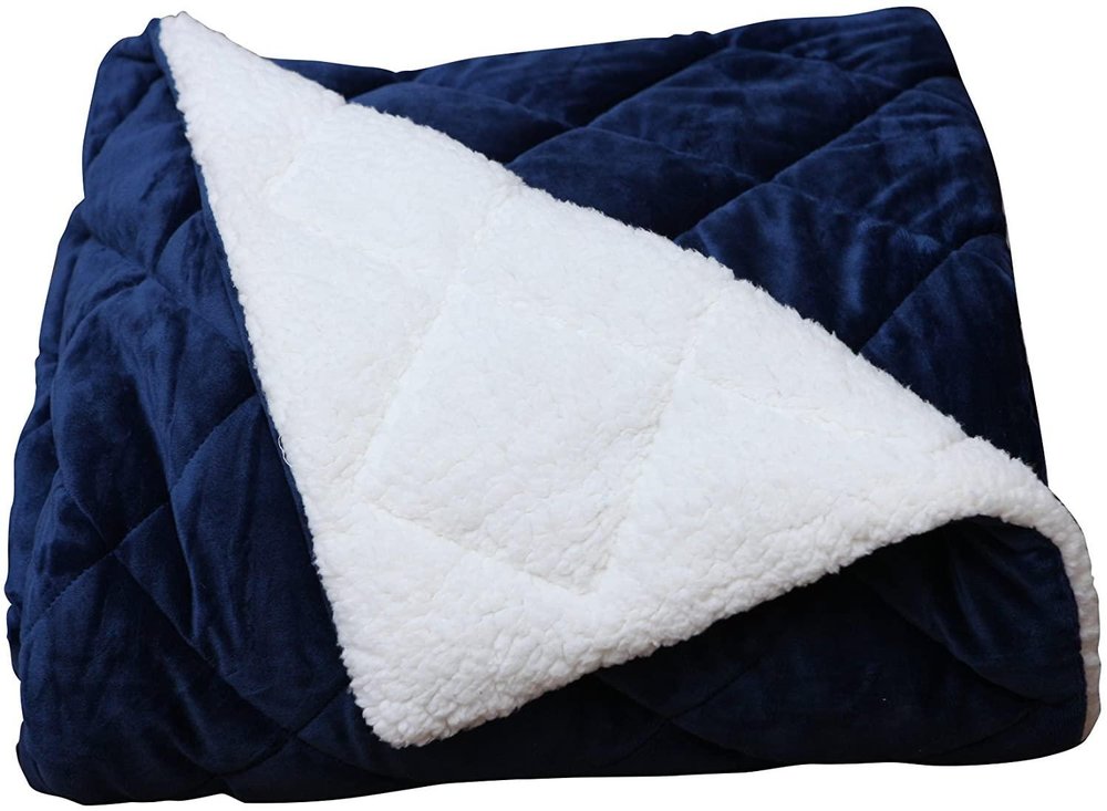 60" X 80" Navy Blue Fleece And Microfiber Quilted Plush Throw Blanket