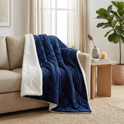 60" X 80" Navy Blue Fleece And Microfiber Quilted Plush Throw Blanket